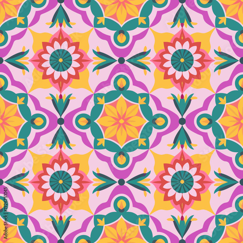 vector seamless repeating rangoli pattern in flat vector style. The design features symmetrical geometric shapes, floral motifs, peacocks, lotus flowers, and traditional oil lamps (divas).