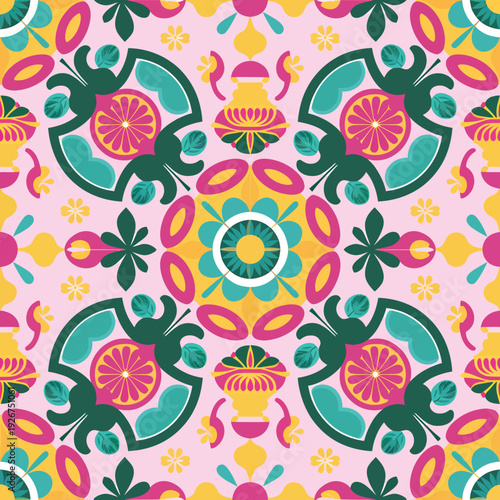 vector seamless repeating rangoli pattern in flat vector style. The design features symmetrical geometric shapes, floral motifs, peacocks, lotus flowers, and traditional oil lamps (divas).
