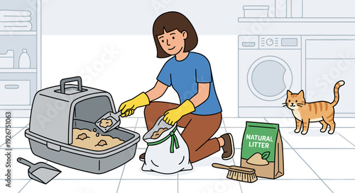 Smiling woman wearing yellow rubber gloves cleans a cat's litter box with a scoop, maintaining pet hygiene while her ginger tabby watches in a bright laundry room