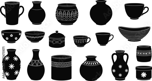 Traditional ceramic pottery silhouette vector illustration set with decorative vases, bowls, cups and handcrafted containers collection