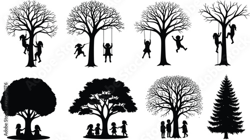 Children playing under trees silhouette vector illustration set with swings, climbing and family outdoor park scenes collection