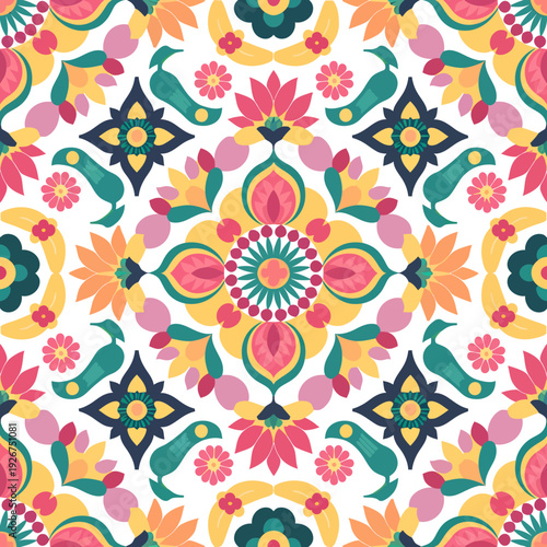 vector seamless repeating rangoli pattern in flat vector style. The design features symmetrical geometric shapes, floral motifs, peacocks, lotus flowers, and traditional oil lamps (divas).