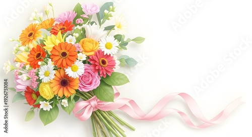 Happy mother's day bouquet of colorful flowers with pink ribbon
