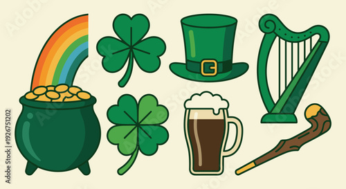 St. Patrick's Day symbols collection including a pot of gold, rainbow, shamrock, leprechaun hat, harp, beer, and shillelagh in a flat vector illustration style