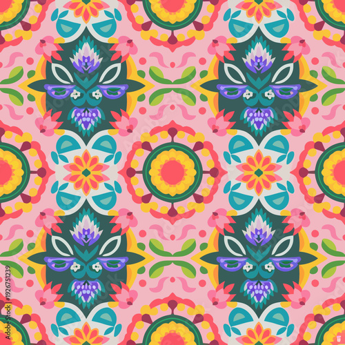 vector seamless repeating rangoli pattern in flat vector style. The design features symmetrical geometric shapes, floral motifs, peacocks, lotus flowers, and traditional oil lamps (divas).