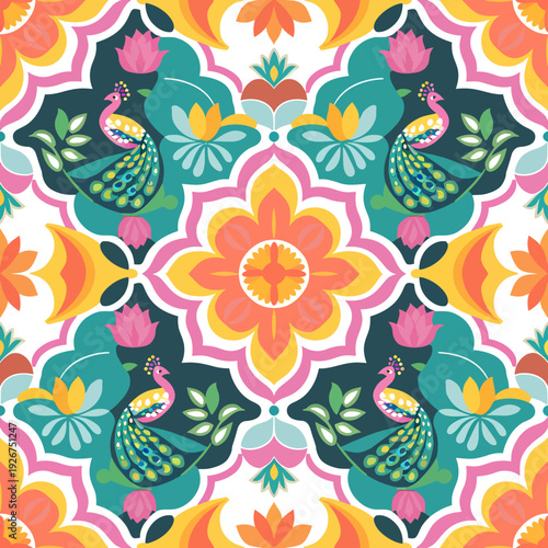 vector seamless repeating rangoli pattern in flat vector style. The design features symmetrical geometric shapes, floral motifs, peacocks, lotus flowers, and traditional oil lamps (divas).