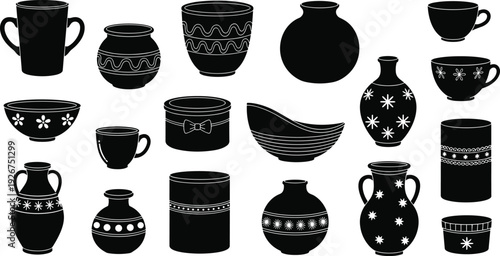 Ceramic pottery silhouette collection vector illustration featuring vases, cups and decorative bowls isolated craft design elements set