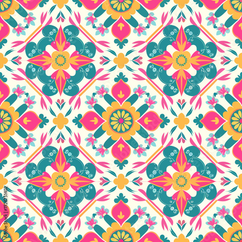 vector seamless repeating rangoli pattern in flat vector style. The design features symmetrical geometric shapes, floral motifs, peacocks, lotus flowers, and traditional oil lamps (divas).
