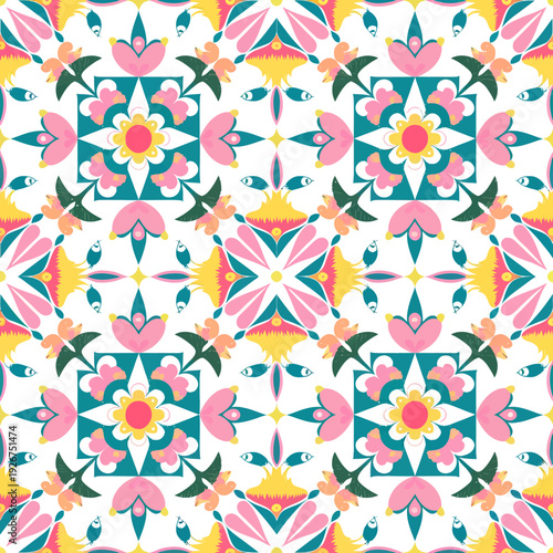 vector seamless repeating rangoli pattern in flat vector style. The design features symmetrical geometric shapes, floral motifs, peacocks, lotus flowers, and traditional oil lamps (divas).