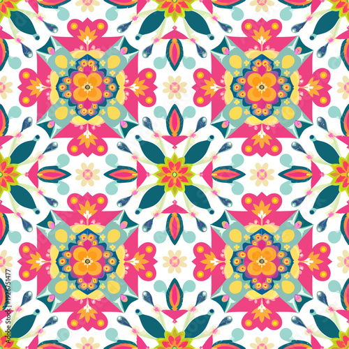 vector seamless repeating rangoli pattern in flat vector style. The design features symmetrical geometric shapes, floral motifs, peacocks, lotus flowers, and traditional oil lamps (divas).