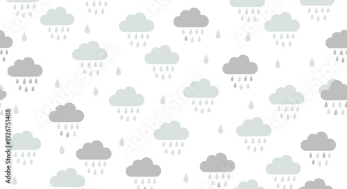 Seamless pattern with cute grey clouds and raindrops on a white background.