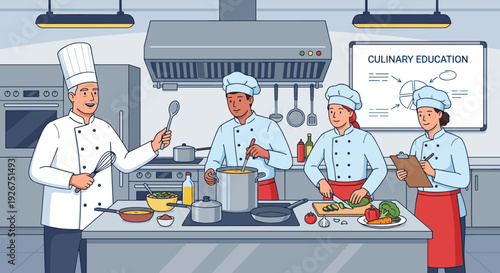 Experienced chef instructor teaching young apprentices in a professional kitchen, with students stirring a pot, chopping vegetables, and taking notes for their culinary education