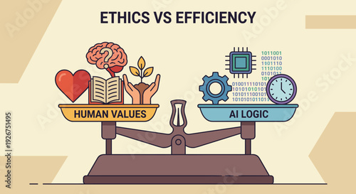 Conceptual illustration of a balance scale weighing human values against AI logic, symbolizing the modern dilemma between ethics and technological efficiency in a flat vector design
