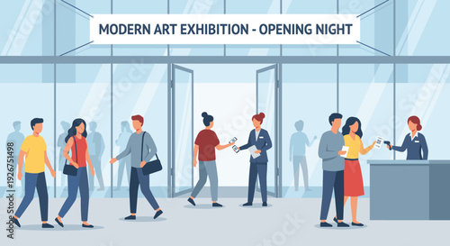 Diverse group of people attending an art gallery exhibition opening night, checking tickets at the reception desk and entering through glass doors