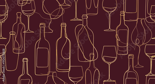 Elegant seamless pattern with gold line art wine bottles and glasses on a dark burgundy background