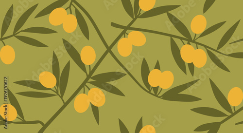 Seamless pattern with yellow olives and green branches on olive background