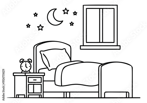 Line art illustration of a bedroom with a bed and window depicting a moon and stars for bedtime