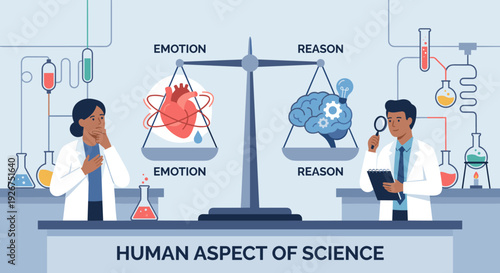 Human heart and brain on a scale representing the balance between emotion and reason, a conceptual flat vector illustration of the human aspect of science in a lab