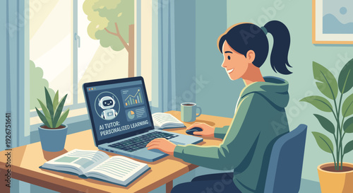Smiling young female student with a ponytail studies at her desk using a laptop with an AI tutor for a personalized online learning experience in a sunlit room
