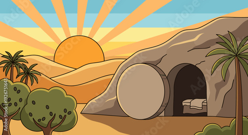 Cartoon illustration of the empty tomb with the stone rolled away at sunrise, a biblical scene depicting the resurrection on Easter morning in a desert landscape with palm trees