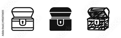 Treasure chest icons set. Hand drawn outline, filled, and doodle style open coffer symbols. Discovery and adventure.