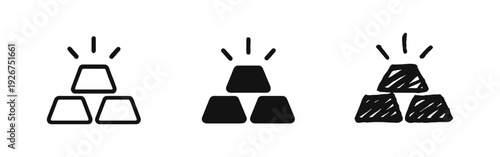 Gold bar icons set. Hand drawn outline, filled, and doodle style golden ingots symbols. Wealth and finance concept.