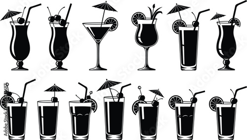 Cocktail drinks silhouette collection vector illustration with tropical beverages, martini glasses and juice cups isolated bar set