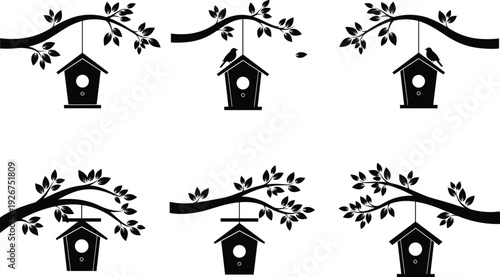 Birdhouse silhouettes hanging on tree branches with birds, nature garden decor wildlife spring season vector illustration isolated collection set