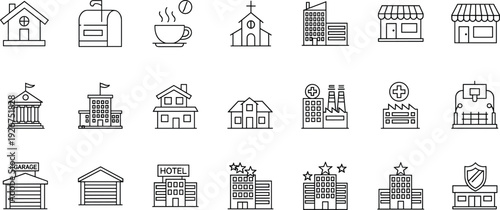 Buildings and public places line icons set, house shop hospital school hotel garage city infrastructure architecture vector collection design