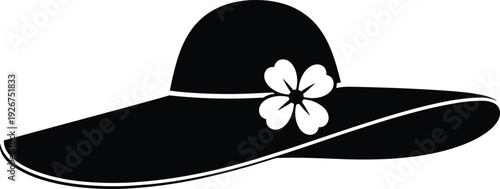 Elegant black wide brim sun hat silhouette with decorative flower, minimalist summer fashion accessory illustration isolated on light background, stylish women beach hat design