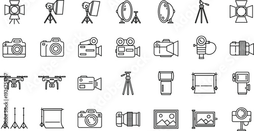 Photography and videography equipment icon set with cameras, tripods, studio lights, drones and backdrop tools for media production and creative design projects