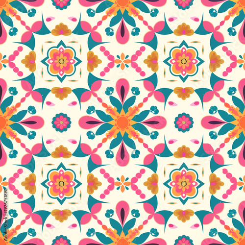 vector seamless repeating rangoli pattern in flat vector style. The design features symmetrical geometric shapes, floral motifs, peacocks, lotus flowers, and traditional oil lamps (divas).