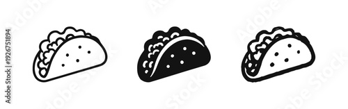 Tacos icon set in various styles: outline, glyph, and hand-drawn. Mexican food symbols for menu and apps.