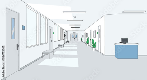 A long white hospital hallway features multiple doors, benches, potted plants, and a blue reception desk under bright ceiling lights.