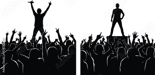 Energetic concert crowd silhouettes cheering for performer on stage, rock music festival atmosphere, live entertainment celebration, fans raised hands night