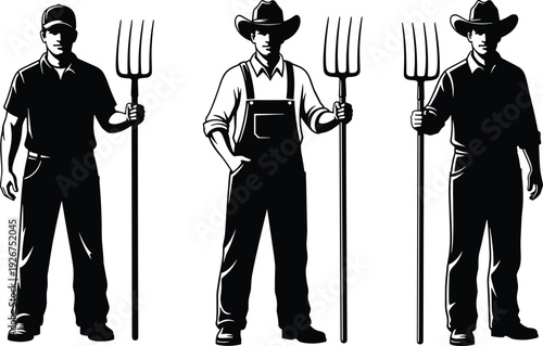 Farmer silhouette illustration, agriculture worker holding pitchfork rural farming occupation character vector isolated on white background for branding design