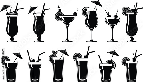 Cocktail and drink silhouette set vector illustration featuring tropical beverages, martini and juice glasses isolated bar icons