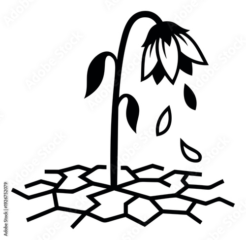 Line art illustration of a wilting flower depicting drought and dry cracked earth for environmental issues