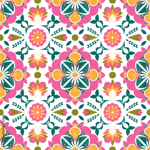 vector seamless repeating rangoli pattern in flat vector style. The design features symmetrical geometric shapes, floral motifs, peacocks, lotus flowers, and traditional oil lamps (divas).