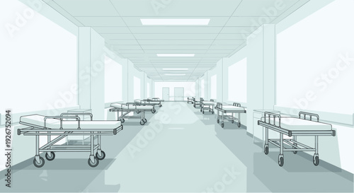 A perspective view of an empty hospital corridor featuring several wheeled medical gurneys lined up against the side walls.