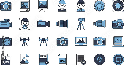 Photography and videography flat icon set with cameras, lenses, drone, photographer avatars, file formats and studio equipment for media production design