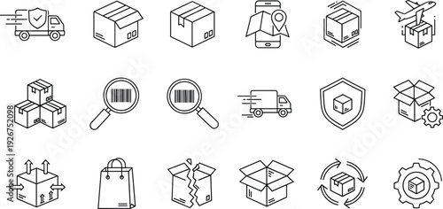 Logistics and delivery line icons set, shipping boxes tracking barcode warehouse transport packaging distribution service vector illustration collection design