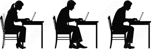 People working on laptop silhouettes at desk, remote work online education office workspace productivity vector illustration isolated collection set