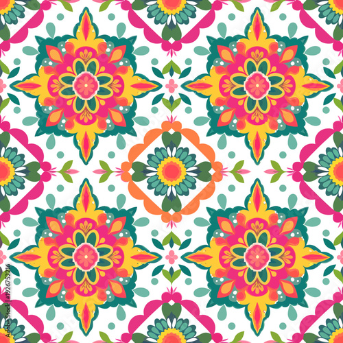 vector seamless repeating rangoli pattern in flat vector style. The design features symmetrical geometric shapes, floral motifs, peacocks, lotus flowers, and traditional oil lamps (divas).