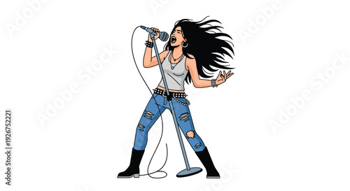 A female rock singer with long black hair performs into a microphone while wearing ripped denim jeans and black boots.