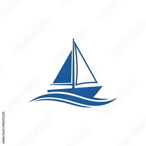Blue sailboat glides on stylized ocean waves.