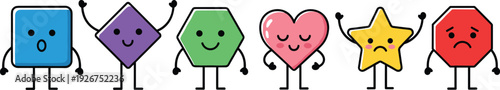Cartoon geometric shapes characters, square, diamond, hexagon, heart, star, octagon, cute faces, emotions, colorful, playful, educational, kids learning, math, geometry, classroom