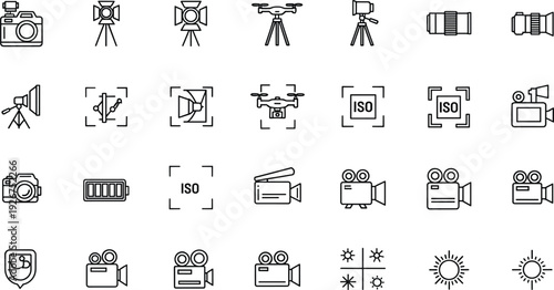 Videography and Photography Line Icon Set with Camera Drone Tripod Lighting ISO and Recording Equipment for Film Production Design Projects