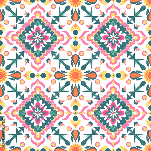 vector seamless repeating rangoli pattern in flat vector style. The design features symmetrical geometric shapes, floral motifs, peacocks, lotus flowers, and traditional oil lamps (divas).