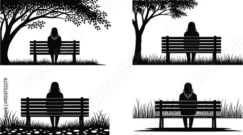 Woman sitting on park bench silhouette under tree, peaceful nature landscape relaxation solitude outdoor vector illustration isolated collection set